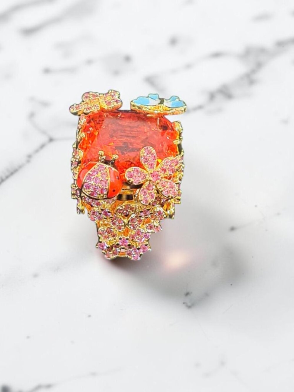 Gold Plated Orange Gemstone Cocktail Ring w/ Ladybug Butterfly & Flower Size 9